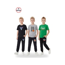 Panios Kids 3'lü Yuvarlak Yaka Baskı Detaylı Erkek Detaylı 6 Parça Erkek Çocuk Alt Üst Takım Gri - Siyah - Yeşil
