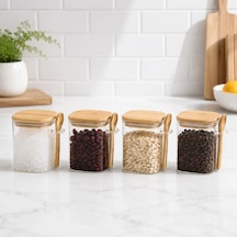 550 Ml Kaşıklı Cam Kavanoz 4 Lü Set, Bambu Kapaklı Şeffaf Cam Saklama Kabı, Çay Kahve Şeker Baharat Kuruyemiş Kavanozu, Mutfak Düzenleyici Kaşıklı Baharatlık Seti Çok Renkli
