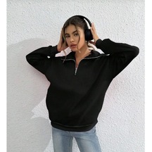 Unisex Uzun Kol Yarım Farmuarlı Yakalı Basic Sweatshirt - Siyah Siyah