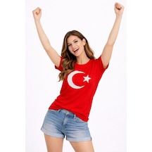 Kadın T-shirt Kısa Kol Bisiklet Yaka Ay Yıldız Bayrak Baskılı Tişört - Kırmızı Kirmizi