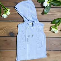 Kapüşonlu Çift Düğme Detaylı Triko Yelek Mavi