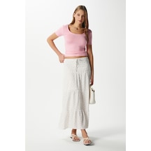 Kadın Rebekka Çiçekli Pudra Astarlı Uzun Etek Beyazpudra Beyaz - Pudra