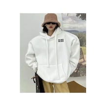 Tarzsokak Büyük Beden Kapüşonlu Work Work Baskılı Tam Kışlık Geniş Oversize Kadın Sweatshırt Beyaz