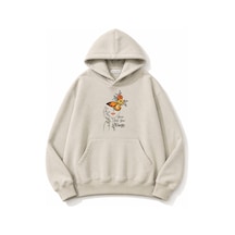 Herkesemoda Portre Ve Kelebek Baskılı Kapüşonlu 2 İplik Şardonlu Sweatshirt Bej