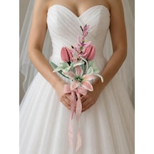 El Yapımı Şönil Gelin Buketi Solmayan Düğün Buketi Beyaz-pembe Bridal Bouquet Nişan, Nikah Ve Düğün Çiçeği Beyaz Pembe