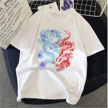 Flood Of Style Beyaz Unisex Çift Dragon Baskılı Oversize Bisiklet Yaka T-shirt