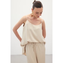 Sateen Askılı Saten Bluz - Bej-136352 Bej