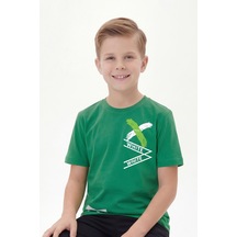 Panios Kids White Yazı Baskılı Yuvarlak Yaka Kısa Kollu Erkek Çocuk Yazlık Tişört Yeşil