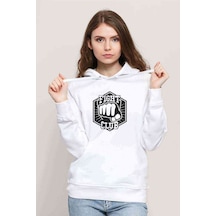 Yumruk Fight Clup Baskılı Beyaz Kadın Kapşonlu Sweatshirt