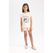 DeFacto Kız Çocuk Snoopy Pijama Takımı Kısa Kollu Üst Beli Lastikli Kısa Şort D9831A824WNER99 Ekru
