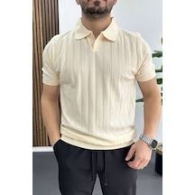 Erkek Açık Yaka Desenli Tişört Krem Edw453 Krem