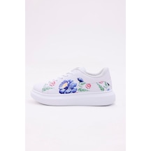 3d Dijital Baskı Kadın Beyaz- Mavi Gül Desenli Sneaker Beyaz-mavi