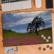 Pembe Çiçekli Çimenler, Ağaç 240 Parça Puzzle Yapboz Tablo-442