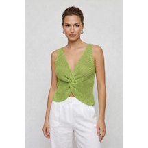 Neden Tekstil Twist Knot Detaylı Premium Kadın Triko Bluz V Yaka Örgü Dokulu Şık Crop Tasarım - Yeşil