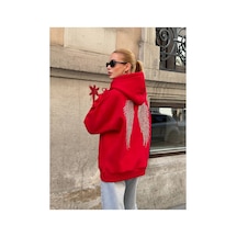 Zdnjeans Kadın Taşlı Kanat Baskılı Oversize Kapüşonlu Sweatshirt Kırmızı