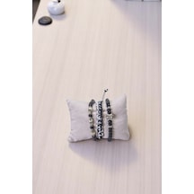 Metal Taşlı Siyah Beyaz İp Örgülü Siyah Doğal Taşlı Üçlü Set Bileklik