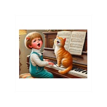 Piyanist Kız Ve Kedi Modern Ahşap Tablo