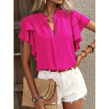 Veraura Lifestyle Kadın Kısa Kollu V Hakim Yaka Kolları Fırfırlı Dubai Bluz Pembe