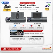 Techsmart 2 Kanal 4g Araç Kamera Ön + İç 1080p Full Hd Wifi Gps Gece Görüşlü Canlı İzleme