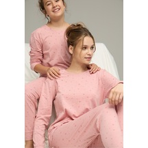 Siyah İnci Pamuklu Bisiklet Yaka Örme Pijama Takım25241123 Pudra