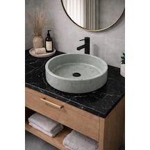 Mermer Desenli Tezgah Üstü Yuvarlak Çanak Taş Lavabo 45 Cm Gri