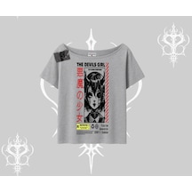 Tarzsokak Kayık Yaka Tshirt Anime Devils Girl Japanese Style Baskılı Gri