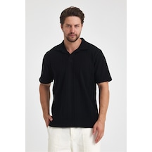 Tarz Cool Erkek Jakarlı Baklava Desenli %100 Pamuk Polo Yaka T-shirt Siyah