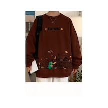 Benroma 3 İplik Penye Future Baskılı Unisex Sweatshırt Kahverengi