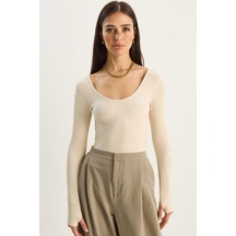 Shade Kadın U Yaka Likralı Basic Bluz 4102 60283783 - Bej