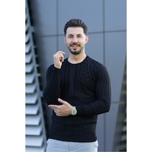 Hk Premium Fitilli Bisiklet Yaka Slim Fit Triko Kazak Siyah