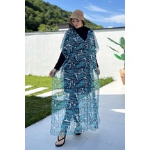 Remsa Tesettür Mayo Üzerine Triko Örme Tek Kaftan Pareo 430-t12 Çizgi Yaprak Ekru