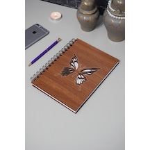 Kelebek Desenli Ahşap Defter - Ajanda - Çizgisiz Resim Defteri Ahşap Rengi Ceviz A5 Notebook