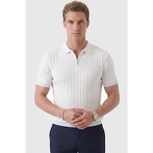 Rizzup Erkek Beyaz Polo Yaka Fermuarlı Çizgi Dokulu Regular Fit Likralı Triko Tişört 2608008