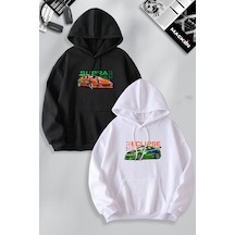 Macklin Arkadaş Çift Kombin Hızlı Ve Öfkeli Eclipse & Supra Baskılı Kapüşonlu Sweatshirt 2li Set Takım Siyah Beyaz Mck1280 Çok Renkli