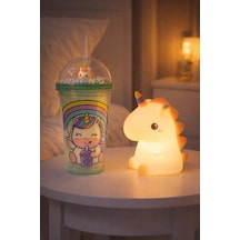 2'li Set Işıklı Renkli Unicorn Figürlü Gece Lambası & Pipetli Boncuk Detylı Suluk Bardak Yeşil 450ml Çok Renkli