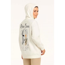 Üç İplik Kapşonlu Ön Ve Arka Baskılı Sweatshirt Hoodie- Beyaz Beyaz