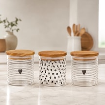 Tr 3'lü Heart Cam Kavanoz Seti 250 Ml, Bambu Kapaklı Kalp Desenli Cam Saklama Kabı, Kahve Şeker Baharat Kuruyemiş Genel