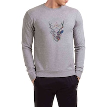 Triangles Deer Geyik Baskılı Gri Erkek Örme Sweatshirt