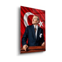Atatürk Ve Türk Bayrağı Görselli 4mm Temperli Cam Tablo
