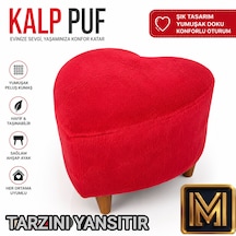Kalp Puf 1 Peluş Kumaşlı Dekoratif Modern Oturma Pufu Yumuşak Dokulu Tabure Konforlu Şık Ve Rahat Tasarım Gürgen Ayaklı Kırmızı