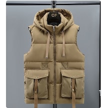 Erkek Pamuklu Yelek Sonbahar Ve Kış Kalın Öğrenci Kapüşonlu Yelek Ceket Şık Yelek Sıcak Yelek Haki