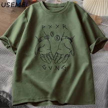 Flood Of Style Pxxr Gvng Beyaz Aile T-shirt O Boyun Boy Tshirt Erkekler Pamuk Kısa Kollu Tee Yaz Graf Yeşil