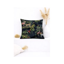 Tropik Orman Desenli Dekoratif Kırlent Kılıfı 45x45 Cm Lacivert
