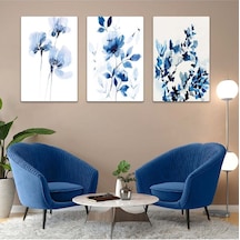 Mavi Çiçekler 3'lü Mdf Tablo Set