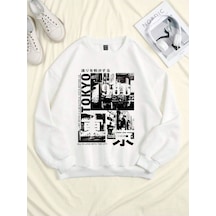 Tokyo 1986 Sweatshirt - Beyaz Baskılı Oversize Bisiklet Yaka Beyaz Tokyo 1986 Sweatshirt - Beyaz Baskılı Oversize Bisiklet Yaka Beyaz