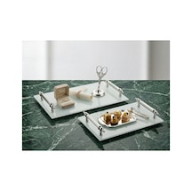 2'li Dekoratif Sunum Tepsisi - Gümüş Kulplu Modern Cam Tepsi Seti - 33x23cm & 25x15cm - Şık Sunum Gümüş - 886097721 Gümüş