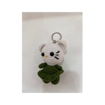 Örgü Amigurumi Kedi Figürlü Anahtarlık - El Yapımı Crochet Anahtarlık, Çanta Süsü Yeşil Yeşil
