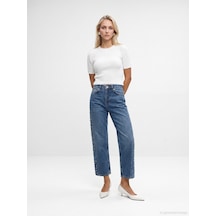 Dilvin 72368 %100 Pamuk Taşlı Barrel Jean Mavi