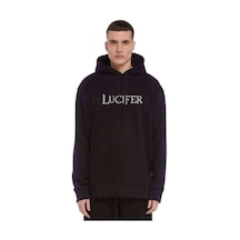 Lucifer Baskılı Siyah Erkek Örme Kapşonlu Sweatshirt