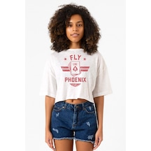 Top Gun Maverick Fly Like A Phoenix Beyaz Kırçıllı Kadın Crop Tshirt Beyaz